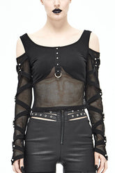 T-shirt punk pour femmes noir sexy en maille avec manches longues et épaules dénudées